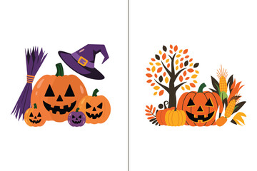 Halloween design hand-drawn set for stickers, posters, party invitations, gift or greeting cards, Handwritten lettering, cartoon doodles,