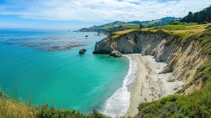 A panoramic view of a coastal landscape with cliffs, sandy beaches, and turquoise waters.