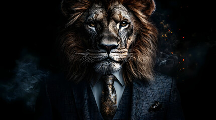 A lion dressed in a suit, blending animal and human attributes.