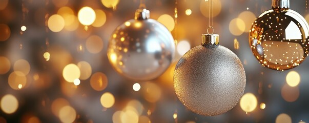 Silver and Gold Christmas Ornaments Hanging from Illuminated Tree with Bokeh Lights