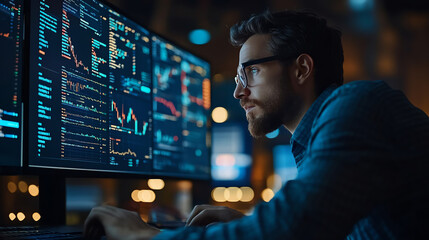 Financial analyst reviewing data on multiple screens in dark office environment, focused on charts and graphs.