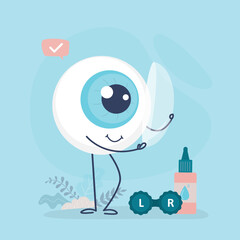 Eyeball mascot inserts contact lenses to improve vision or change eye color. Funny eye character uses lenses for vision correction. Nearsightedness or farsightedness.