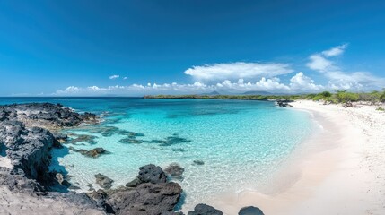 Fototapeta premium A panoramic view of a Galapagos beach, with turquoise waters, white sand, and volcanic rocks.