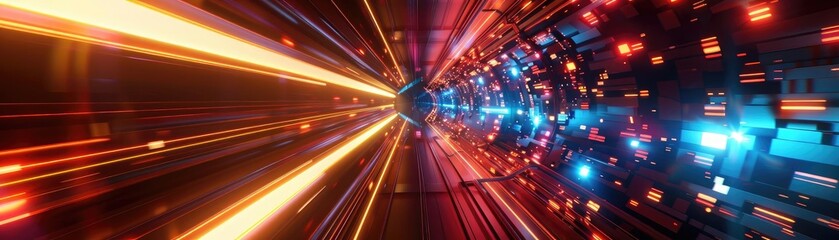 Fototapeta premium A vibrant abstract depiction of light trails and motion, showcasing colorful beams and dynamic energy in a futuristic tunnel.