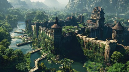 A panoramic view of a historic castle surrounded by lush gardens and a moat.