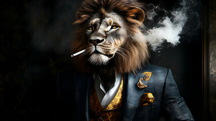 A lion in a suit smoking, blending elegance with wildness.