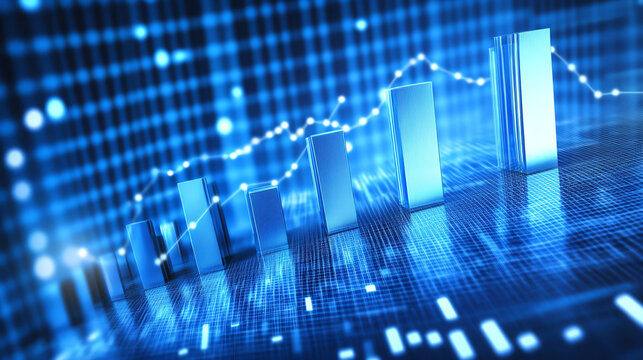 Digital financial data visualization with blue bar graphs and line charts