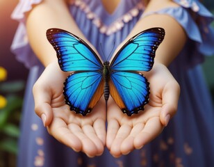 In the soft glow of twilight, a pair of open palms gently cradles a delicate digital butterfly. 