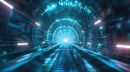 Obraz premium A futuristic tunnel illuminated by bright lights, creating a sense of motion and depth, ideal for technology and science fiction themes.