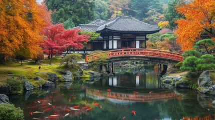 A panoramic view of a traditional Japanese tea garden with a stone bridge and koi pond.