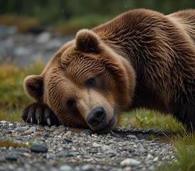 Fototapeta premium Brown bear laying down and raising his paw in Alaska ai generate