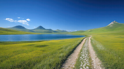 Fototapeta premium A wide, masculine landscape with grassland, a lake, and mountains in the distance. Generative AI