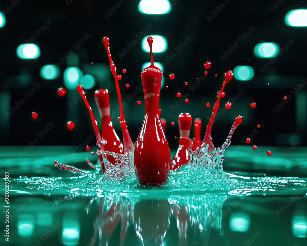 Aufkleber a dynamic image capturing a red bowling pin splashing into water, showcasing movement and vivid colo