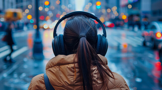 A person wearing noise cancelling headphones enjoys urban atmosphere on rainy day.