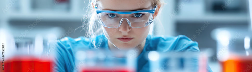 Poster a focused scientist examining colorful liquids in a laboratory setting, showcasing precision and ded