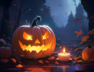 Creepy Halloween Jack o lantern pumpkin candle lights in forest night digital drawing. Generative ai