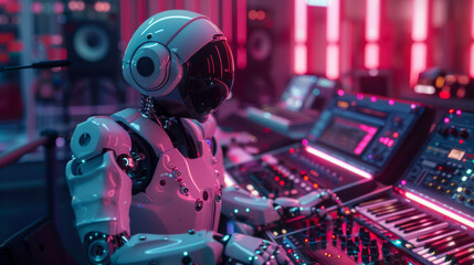 Fototapeta premium A futuristic robot composing music in vibrant studio filled with synthesizers and colorful lights. scene captures essence of technology and creativity.