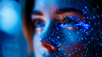 A close up of face with digital network overlay, representing biometric security verification and facial recognition technology. blue light creates futuristic atmosphere.