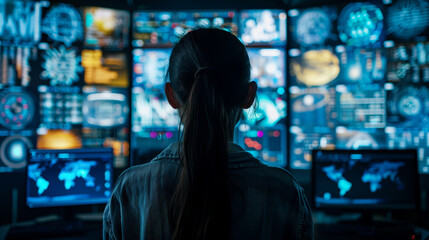 A cybersecurity analyst monitors threats on multiple screens, showcasing data and analytics in high tech environment.