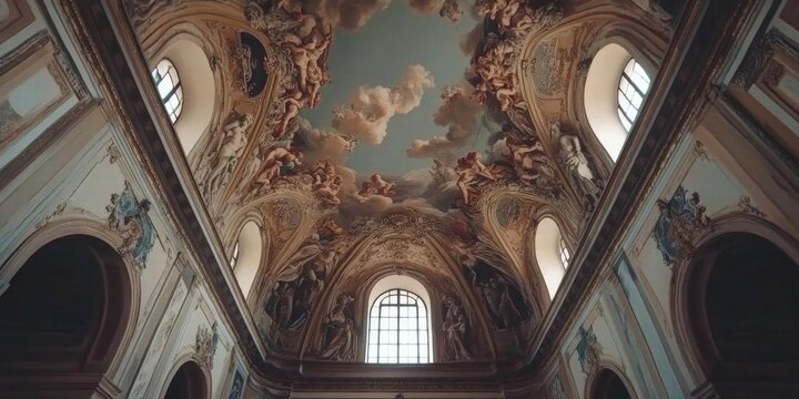 Celestial Baroque Masterpiece: Dramatic Blue Sky Ceiling Fresco with Ornate Frame. Elegant Trompe l'Oeil Mural Depicting Heavenly Figures in Azure Expanse. Cultural Icon of Faith and Inclusivity, Perf