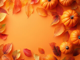 A collection of small pumpkins surrounded by various autumn leaves in shades of orange, yellow, and red, set against a bright orange backdrop