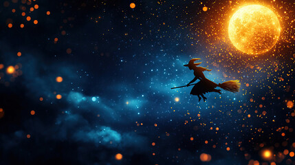 Naklejka premium A mystical witch glides through a starry night sky, casting a spell under the glow of a full moon, creating a magical atmosphere.