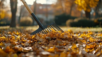 Person Raking Colorful Fallen Leaves in a Sunny Backyard