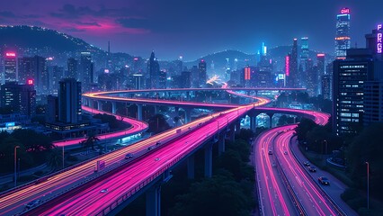 Fototapeta premium Nighttime Cityscape with Elevated Highways and Bold Light Trails