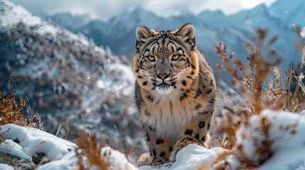 Obraz premium Beautiful Wallpaper with a Snow Leopard Design, Ideal Wild Animal Poster or Graphic Resource for Creative Project, Ai Generative