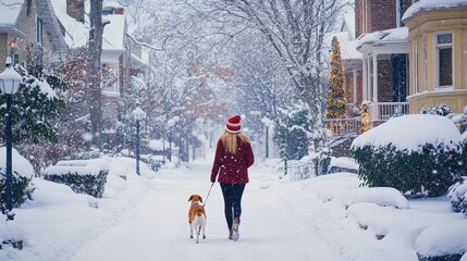 Young Woman Walking Her Dog on a Snowy Street in a Winter Wonderland