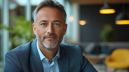 Obraz premium Professional man in suit, confident expression, modern office setting, discussing business strategies