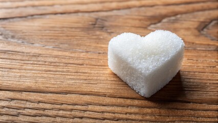 A heart-shaped sugar cube resting on a wooden surface with copy space