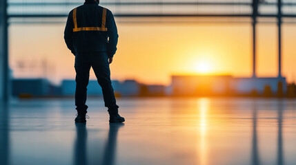 Obraz premium A silhouette of a worker standing in a warehouse, gazing at a vibrant sunset, showcasing dedication and hope in a professional environment.