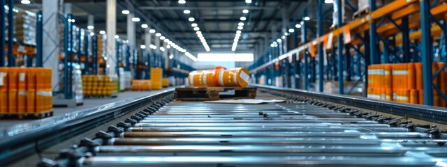 Fototapeta premium Industrial warehouse interior with conveyor belt and storage shelves