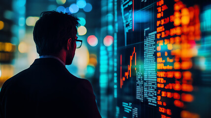 A professional analyzing financial data on digital screen, surrounded by vibrant lights.