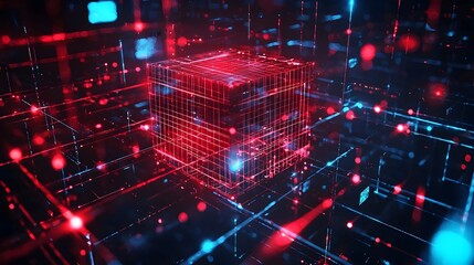 Obraz premium Laser Grid Cube Lights - Intense Red and Blue Futuristic Stage Design