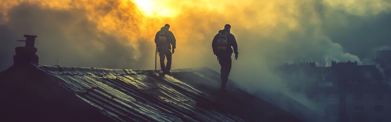 Skilled Handymen Repairing a House Roof in Cloudy Weather