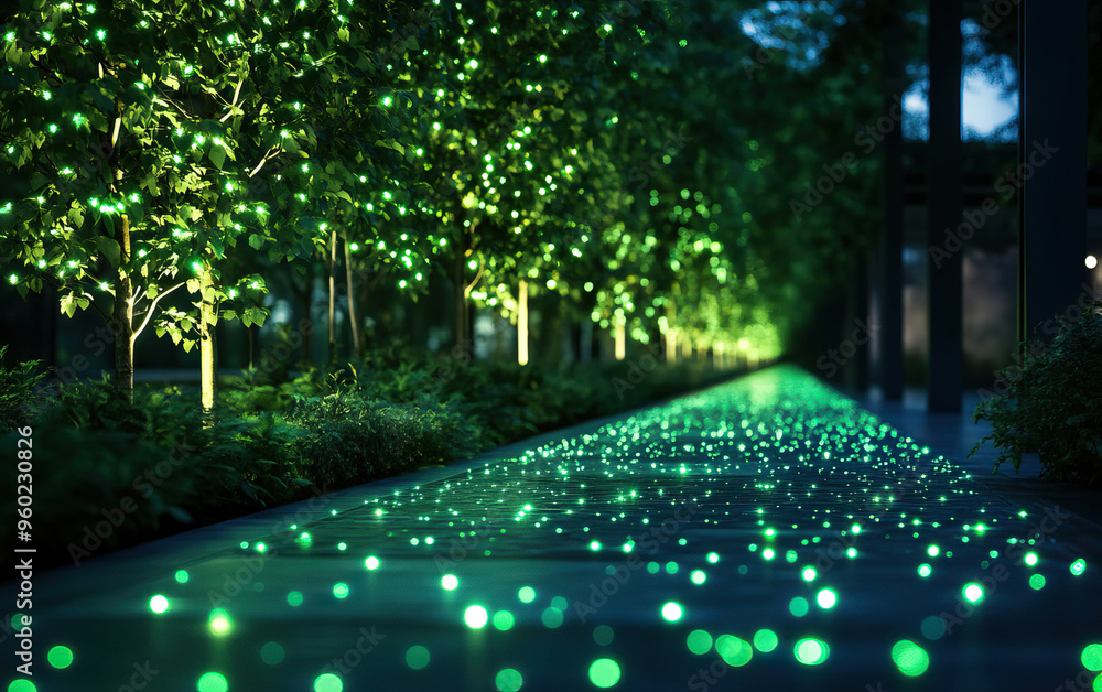 Poster a tranquil walkway illuminated by vibrant green lights, lined with glowing trees, creating a serene 