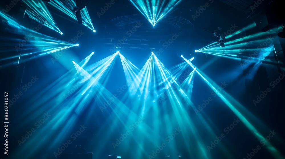 Poster mesmerizing circular light patterns spinning on a captivating stage in blue and green tones