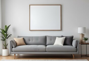 A modern living room with a gray sofa, white walls, and a large empty wooden frame on the wall.