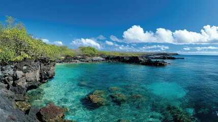 Fototapeta premium A panoramic view of the Galapagos Islands' rugged coastline, with crystal-clear waters and rocky cliffs.