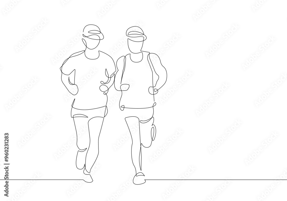 Poster two runners continuous one line drawing. running abstract minimal drawing. continuous one line run s