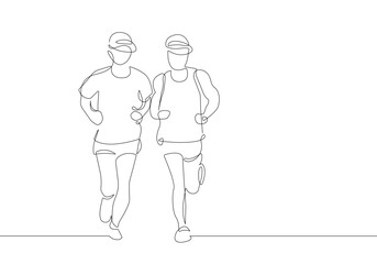 Two Runners Continuous One Line Drawing. Running Abstract Minimal Drawing. Continuous One Line Run Sport Illustration. Modern Trendy Contour Drawing. Vector EPS 10.	