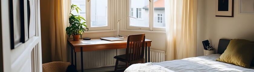 Cozy and Functional Guest House Workspace with Warm Natural Light and Minimalist Design