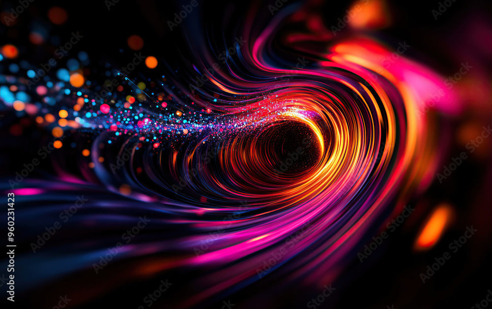 Poster a vibrant swirl of colors and light particles creating a mesmerizing abstract design, perfect for di