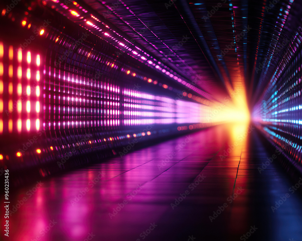 Poster a vibrant tunnel of colorful lights creating a stunning visual effect and an energetic atmosphere.