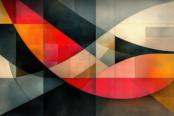 Geometric abstract artwork with intersecting shapes and colors in shades of red, orange, and gray