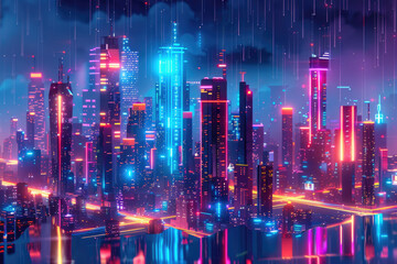 Obraz premium A bustling city emerges at night, illuminated by neon lights while rain falls, creating vivid reflections on the streets below