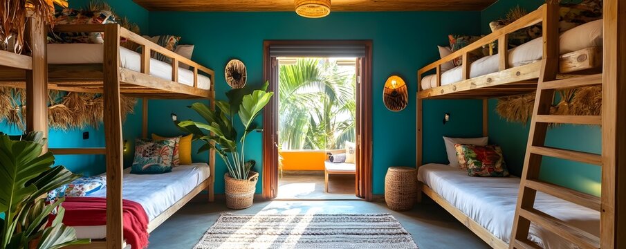 Vibrant and Cozy Beachside Guest House Loft with Rustic Wooden Bunk Beds and Tropical Decor