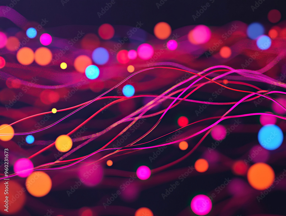 Poster abstract colorful light streaks with glowing dots, creating a vibrant and dynamic background for cre